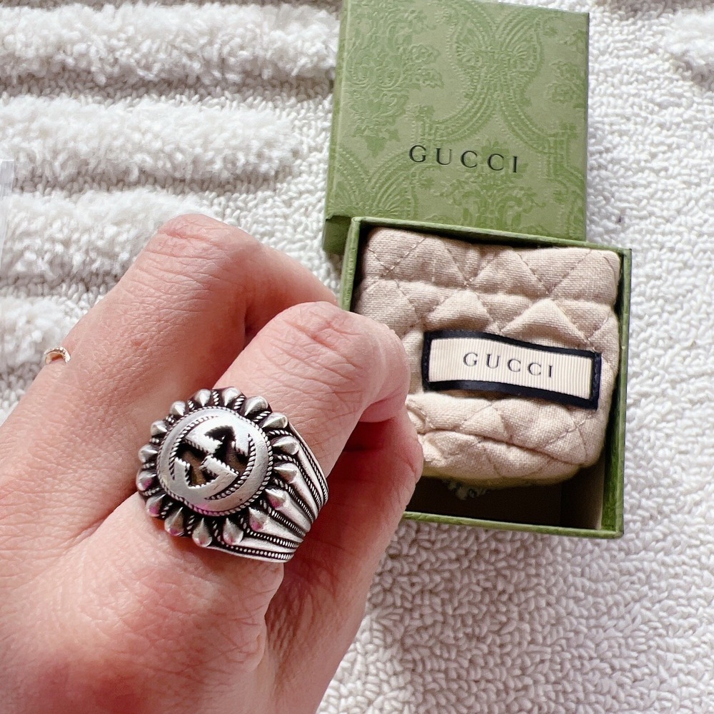 GUCCI AG925 Interlocking G GG Logo Ster. Silver Signet Ring Size IT 16/ US 7.5